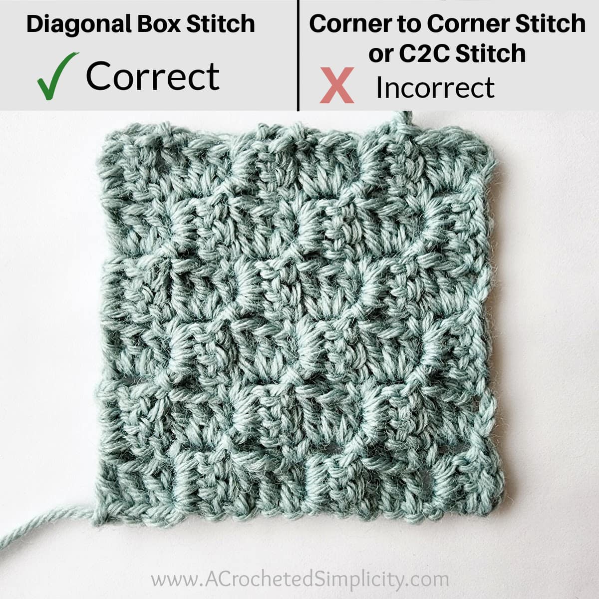 Graphic showing the diagonal box stitch is not called the C2C stitch or corner to corner stitch