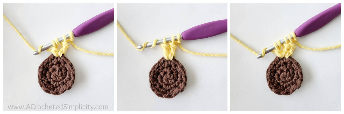 Photo tutorial collage for how to join yarn with a standing four double crochet cluster