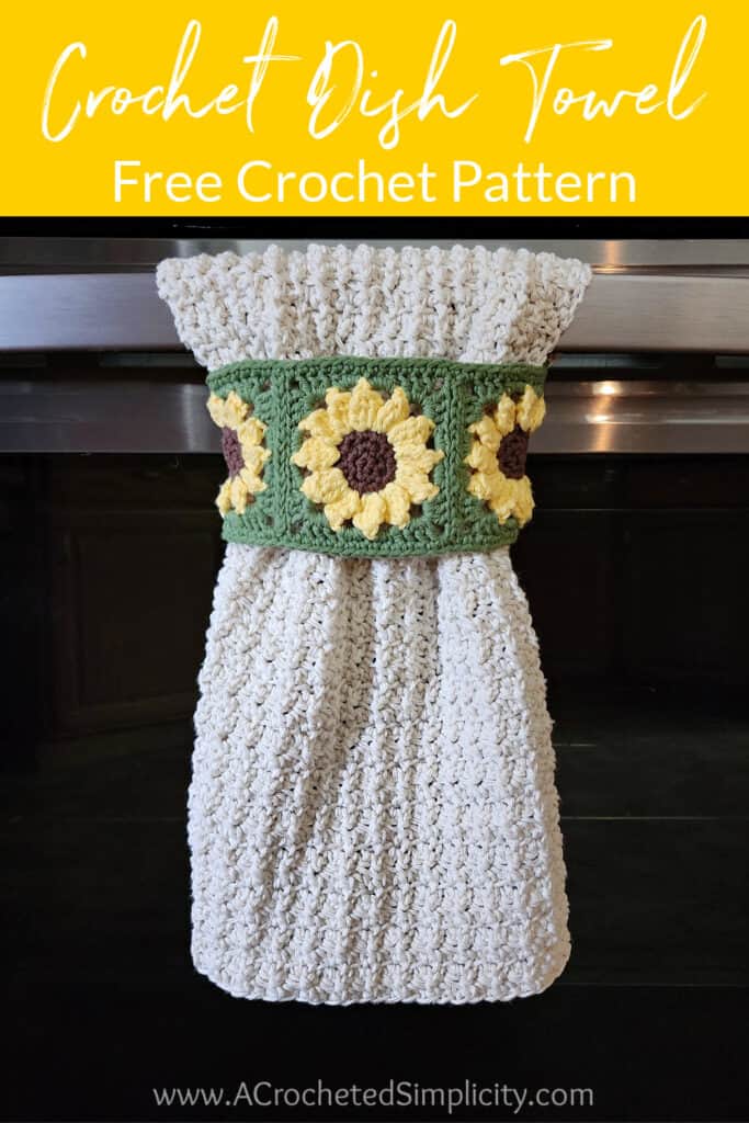 Sunflower keyhole crochet dish towel hanging on oven door.