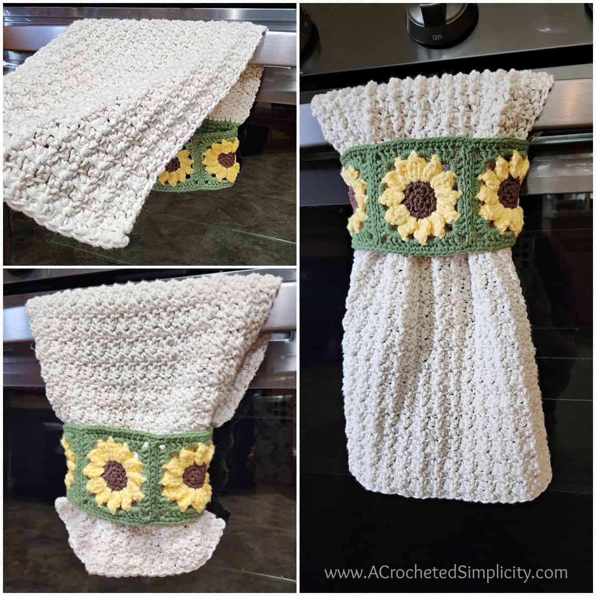 Sunflower crochet kitchen towel hanging tutorial collage.