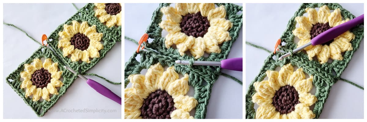 Two small sunflower motif squares being joined with a flat slip stitch join.