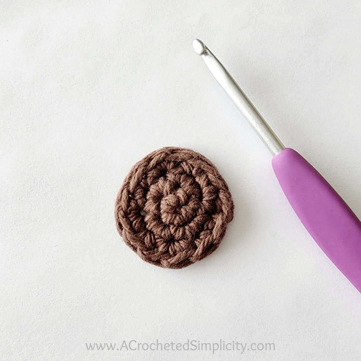 A small brown crocheted circle and purple crochet hook.