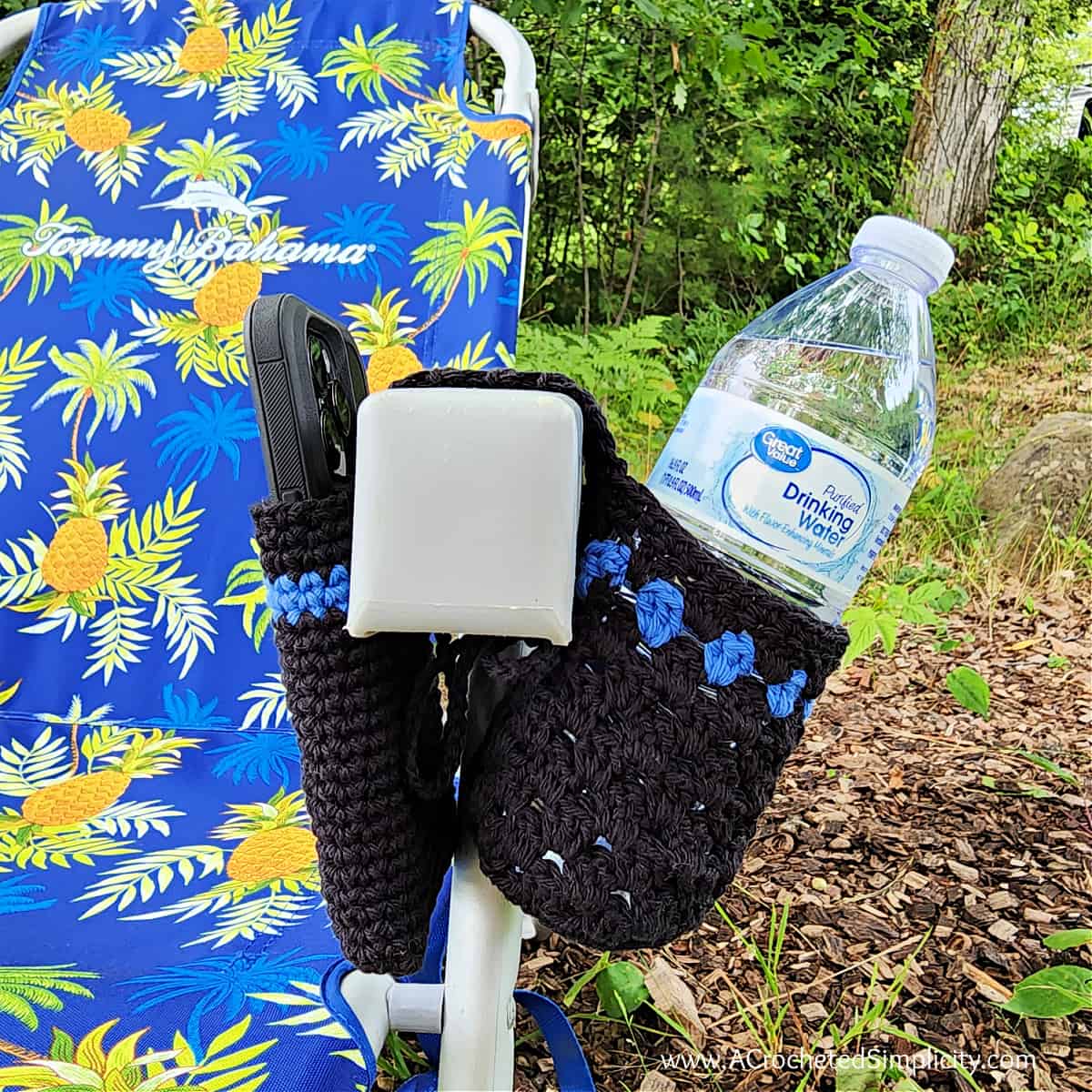 Thin Blue Line crochet chair caddy with phone and drink pocket.