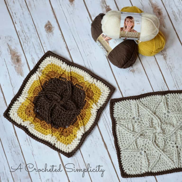 Free Crochet Pattern – Cabled Blooms 12 inch Afghan Square
