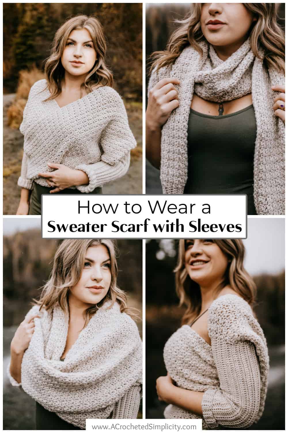 A photo collage showing four ways for how to wear a sweater scarf.