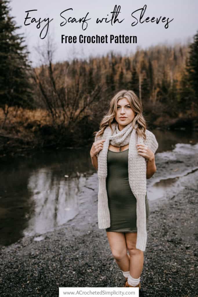 Pinterest photo of a model wearing a crochet scarf with sleeves as a scarf.