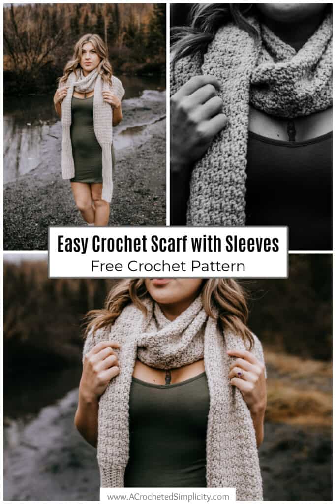 Pinterest photo collage of a modeled crochet scarf with sleeves.