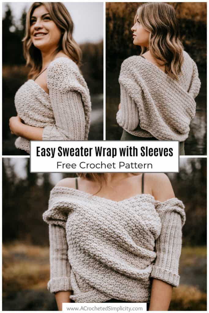 Pinterest photo collage of a modeled crochet sweater wrap.