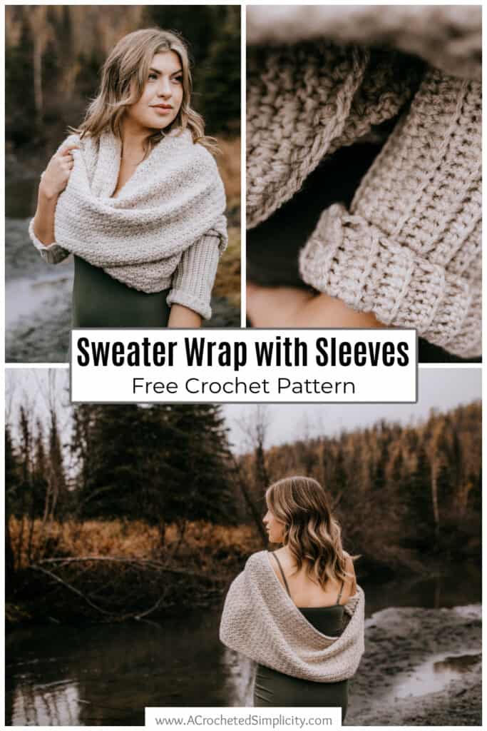 Pinterest photo collage of a modeled crochet sweater wrap witch sleeves.