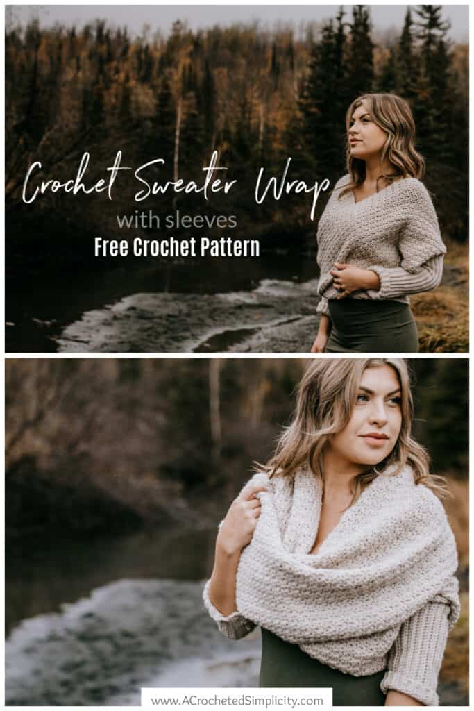 Pinterest photo collage of a modeled crochet scarf with sleeves worn as a cowl and wrap with sleeves.