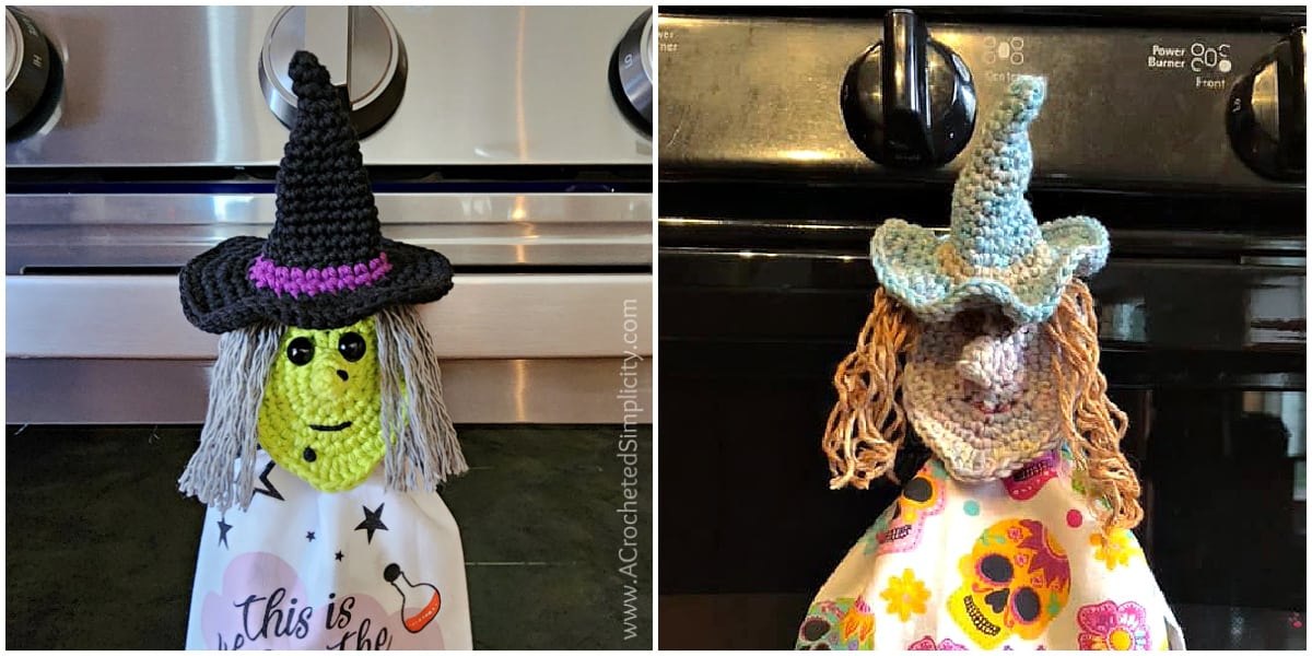 Crochet towel holder pattern old crone on left and glenda the good witch on the right.