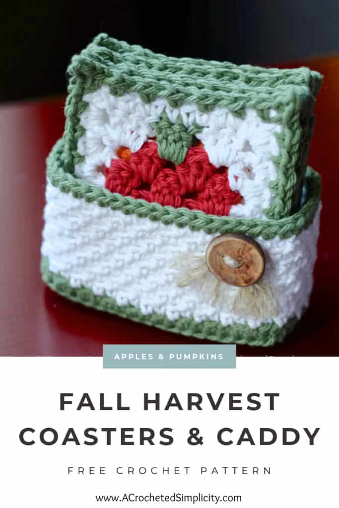Apple crochet coaster set with holder Pinterest image