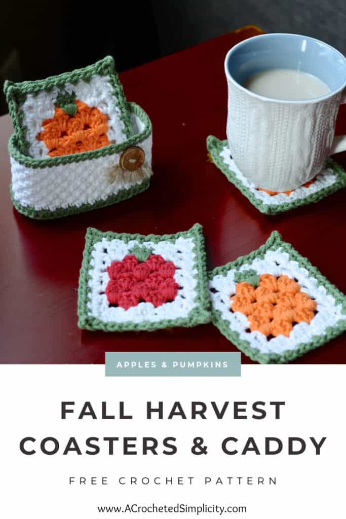 Fall crochet coaster set with holder Pinterest image