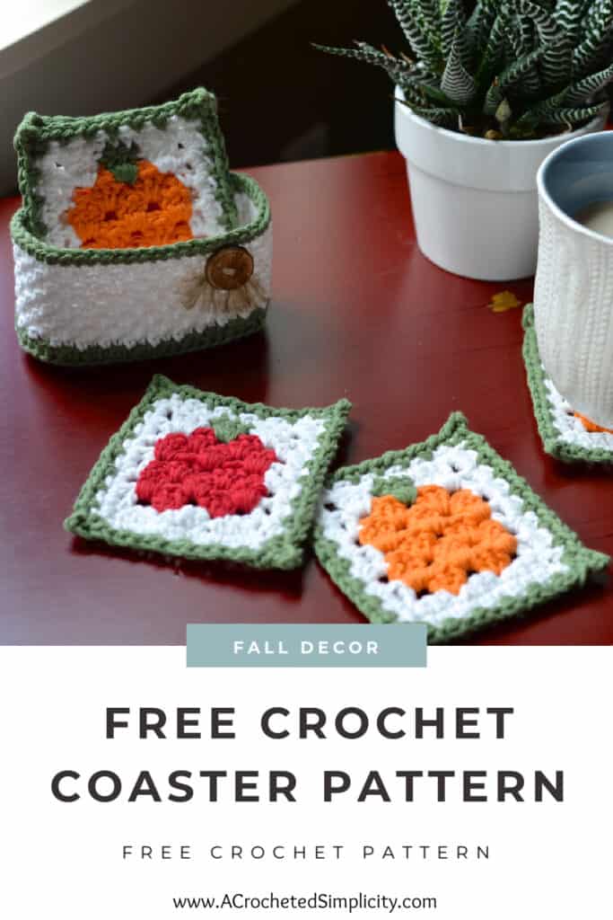 Fall crochet coaster set with holder and coffee cup Pinterest image