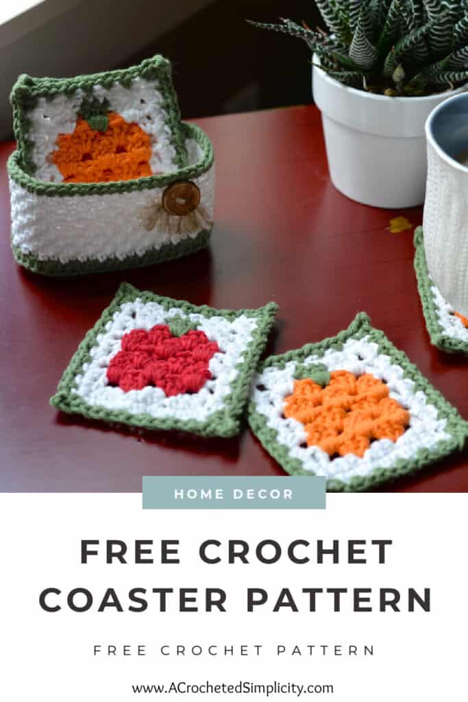 Fall crochet coaster set with holder sitting on red table Pinterest image