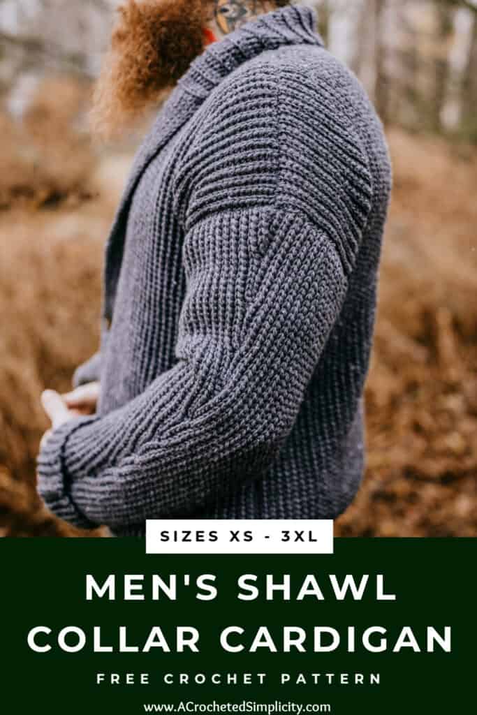 Pinterest image showing mens shawl collar crochet cardigan