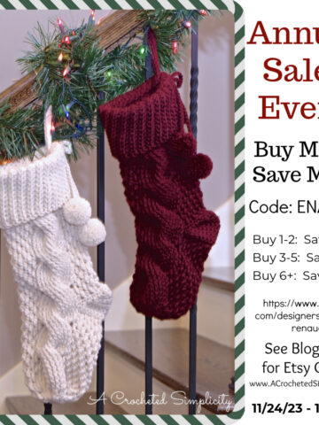 cabled crochet stockings hanging on wood railing and annual sale graphic