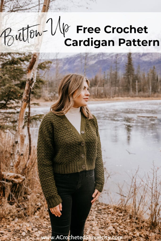 model wearing womens crochet cardigan near a lake