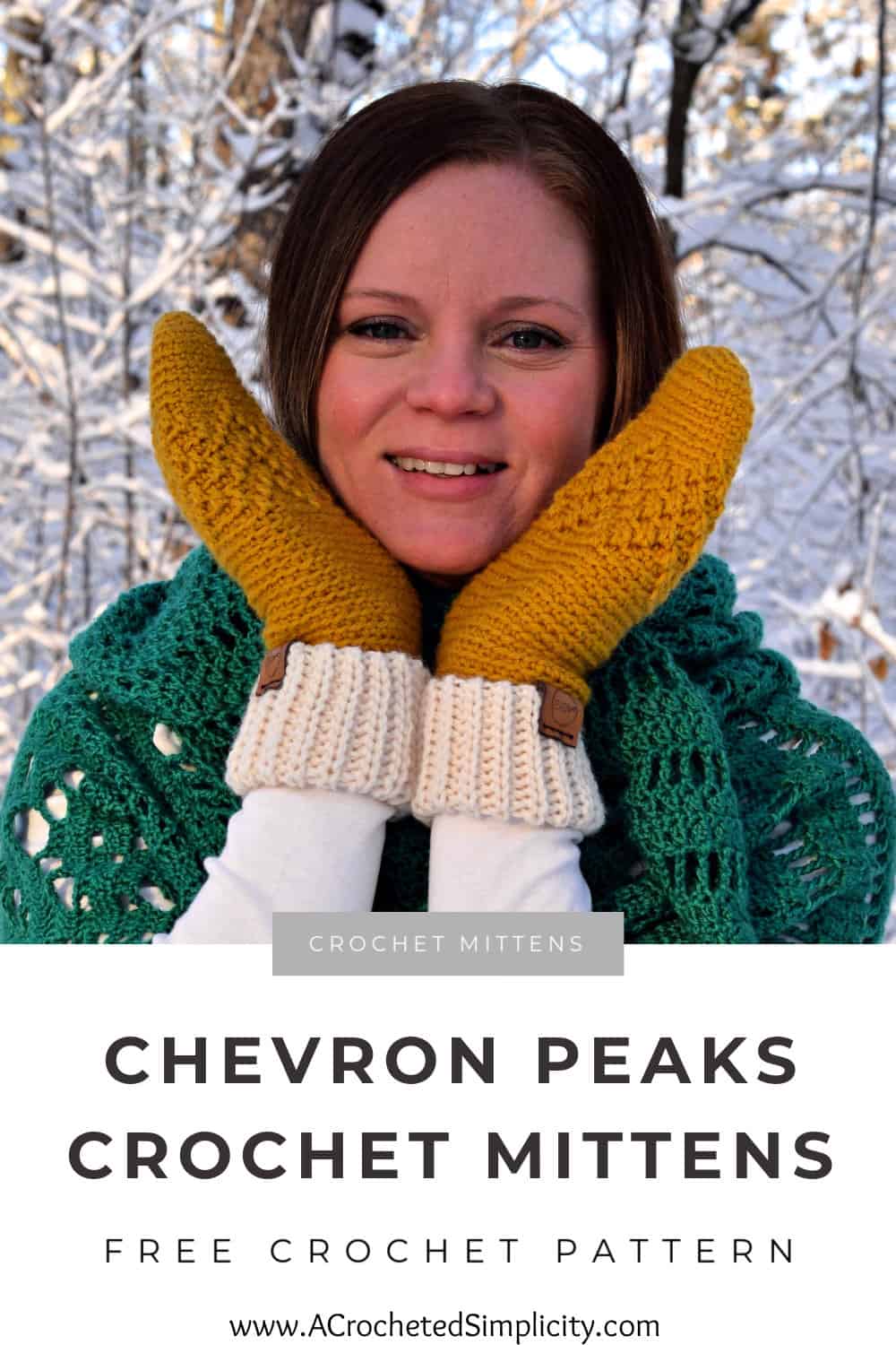 Cream and gold crochet mittens modeled by young woman pinterest image