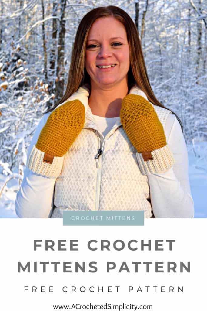 woman wearing mitten crochet pattern and cream winter vest