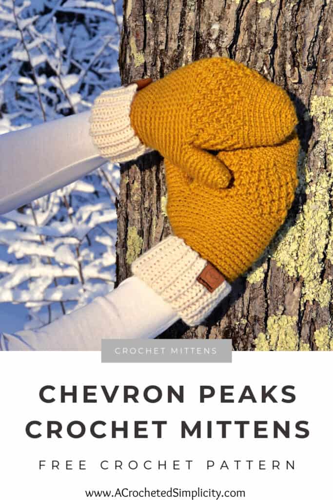 cream and gold crochet mittens modeled against tree outside pinterest image