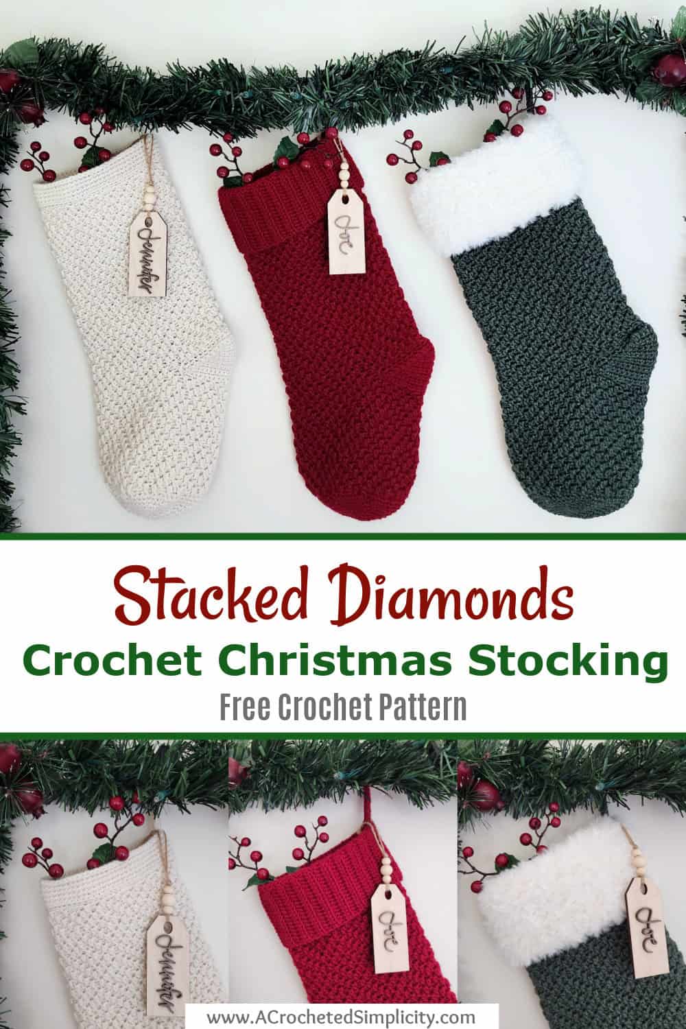 cream cranberry and pin color crochet Christmas stockings hanging up with wooden name tags Pinterest image