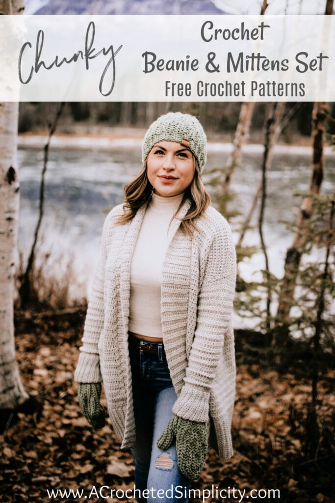 crochet chunky beanie and mittens modeled by woman outside wearing long cardigan pinterest image