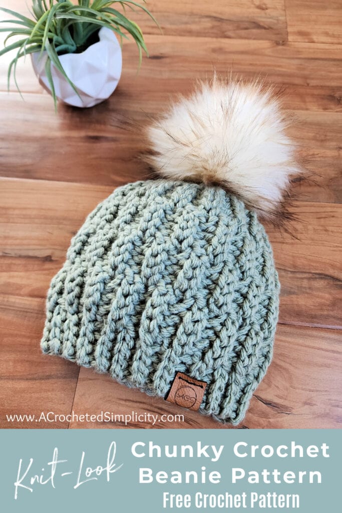 chunky crochet beanie on wood with small potted plant pinterest image