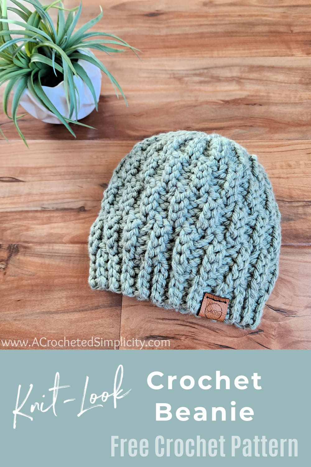 knit look chunky crochet beanie laying on wood with small plant pinterest image