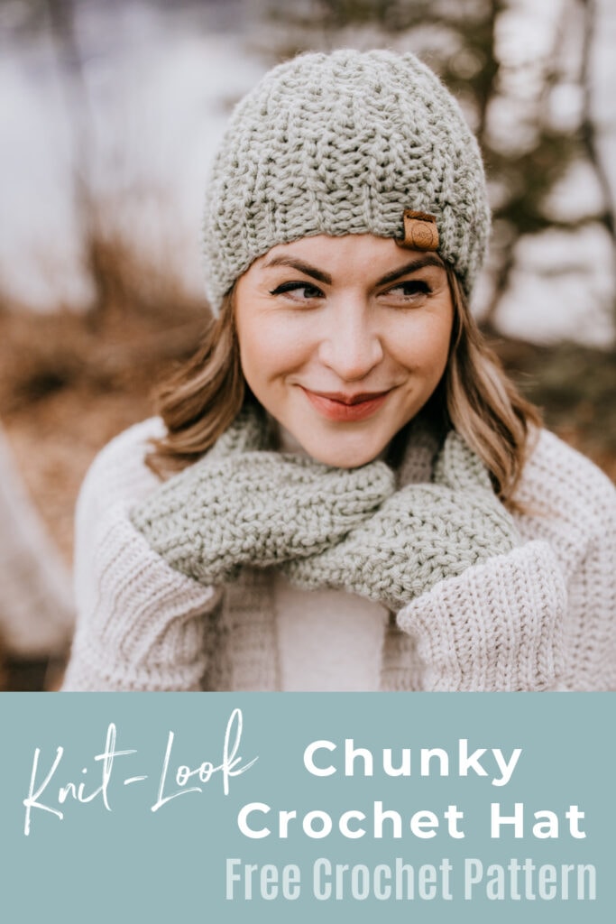close up of chunky crochet beanie and mittens modeled by blonde woman pinterest image