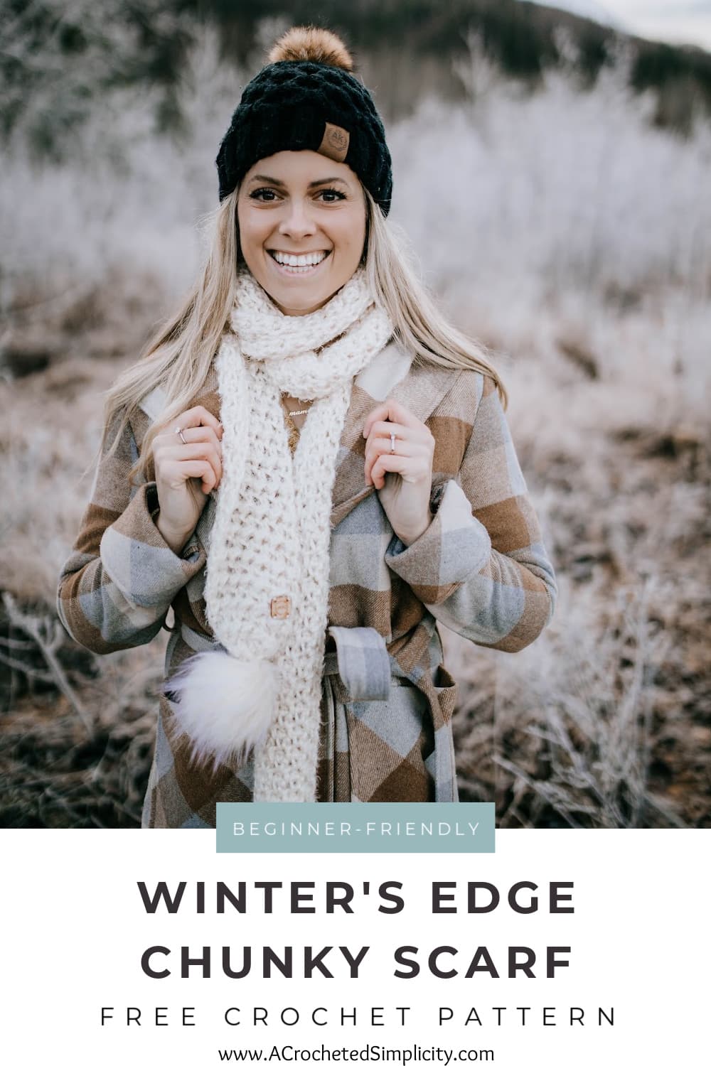 Woman modeling chunky crochet scarf in cream with faux fur poms pinterest image 3
