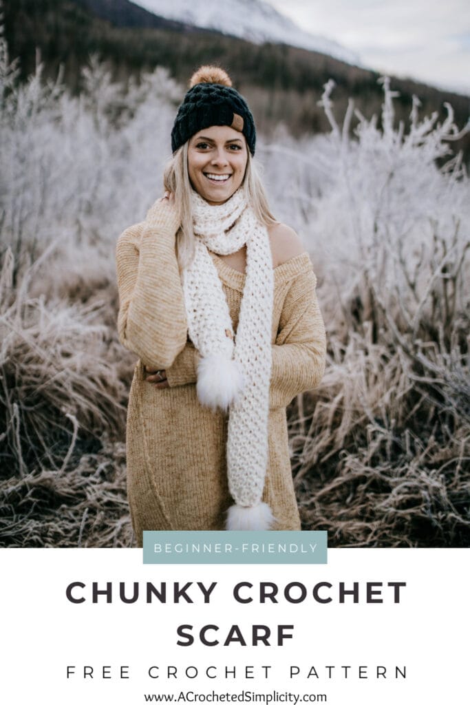 Woman modeling chunky crochet scarf in cream with faux fur poms pinterest image 2