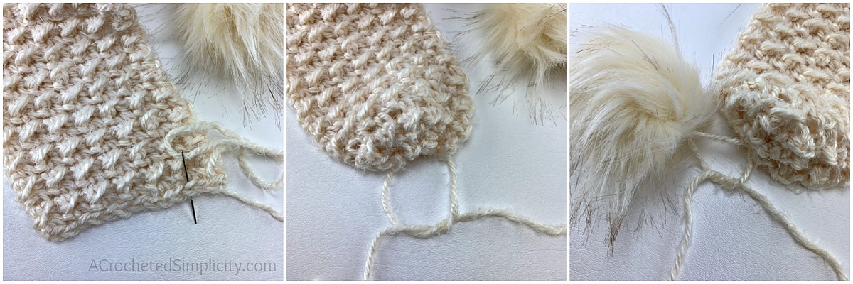 chunky crochet scarf in cream with faux fur poms tutorial collage