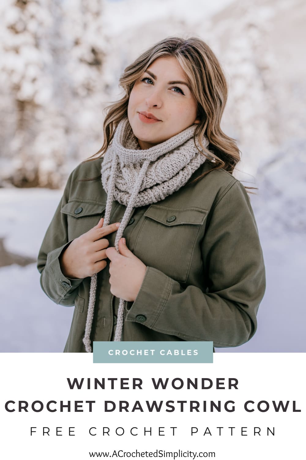 woman modeling crochet drawstring cowl in snowy mountains pinterest image