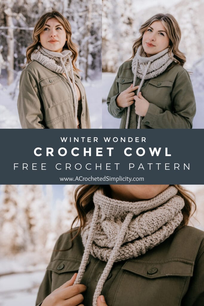 woman modeling crochet cabled cowl in snowy mountains pinterest image