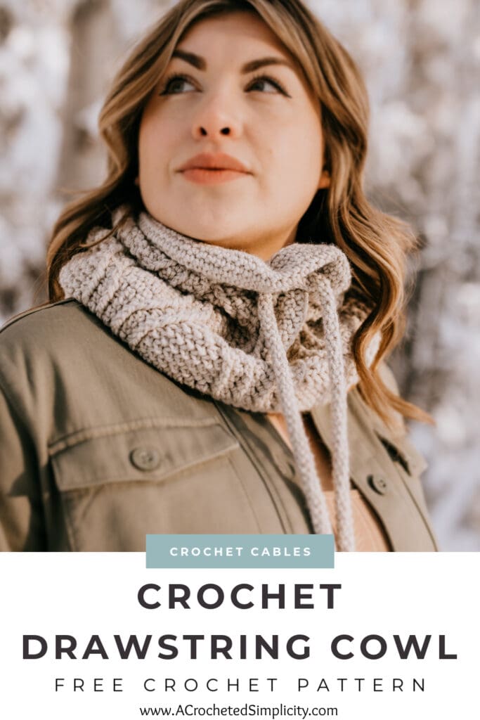 woman modeling crochet drawstring cowl in snow pinterest image
