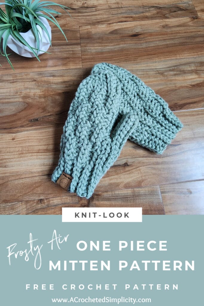chunky crochet mittens with leather tags laying on wood with small plant pinterest image