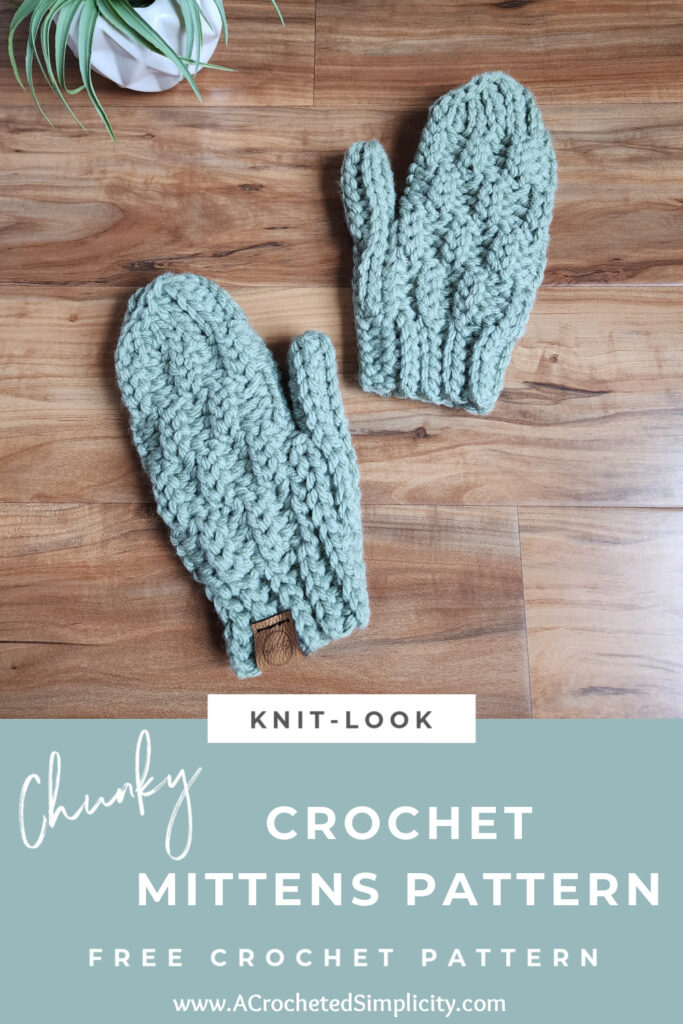 pair of light green knit look crochet mittens laying on wood floor with small plant pinterest image