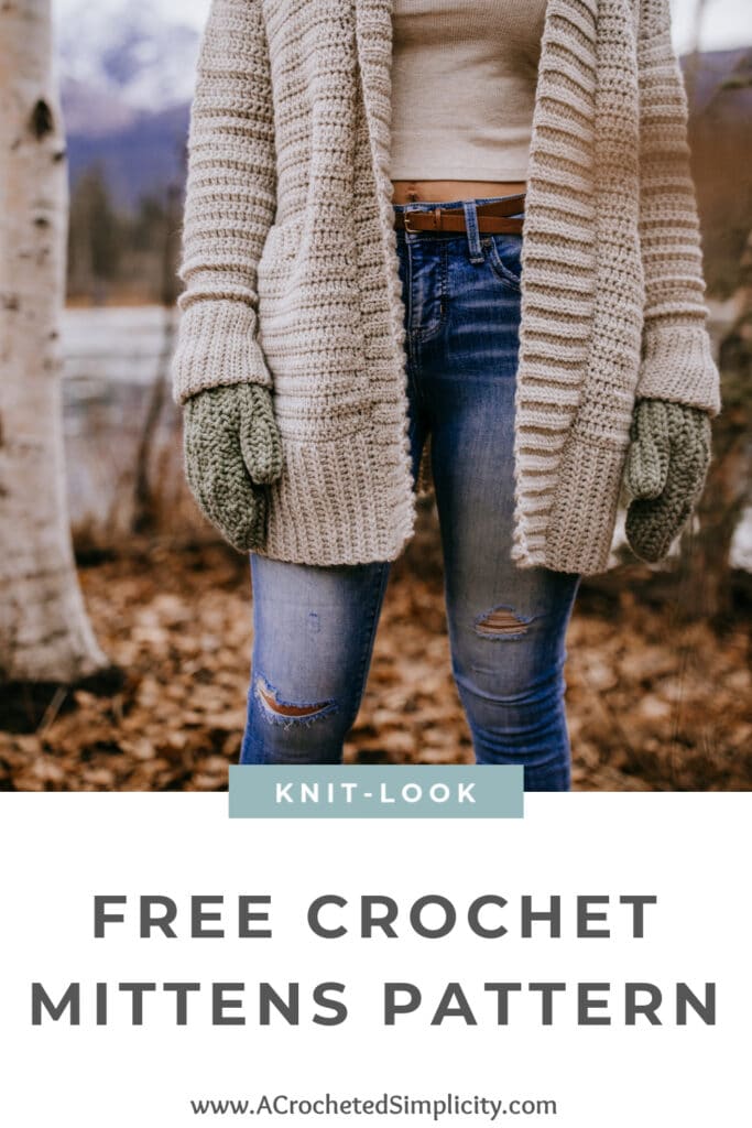 chunky crochet mittens modeled by woman outside wearing long cardigan pinterest image