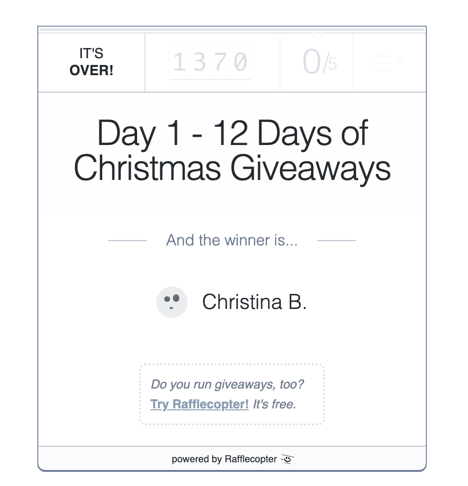 13 days of giveaways winner.