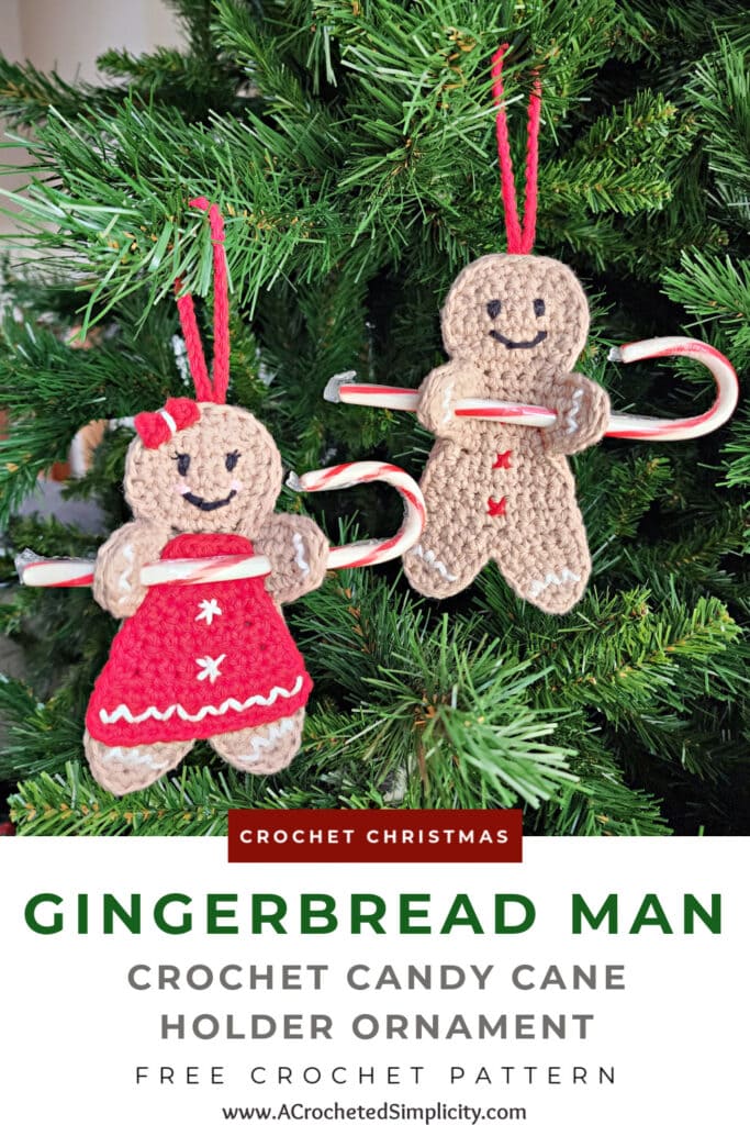 two crochet gingerbread man candy cane holder ornaments holding candy canes pinterest image