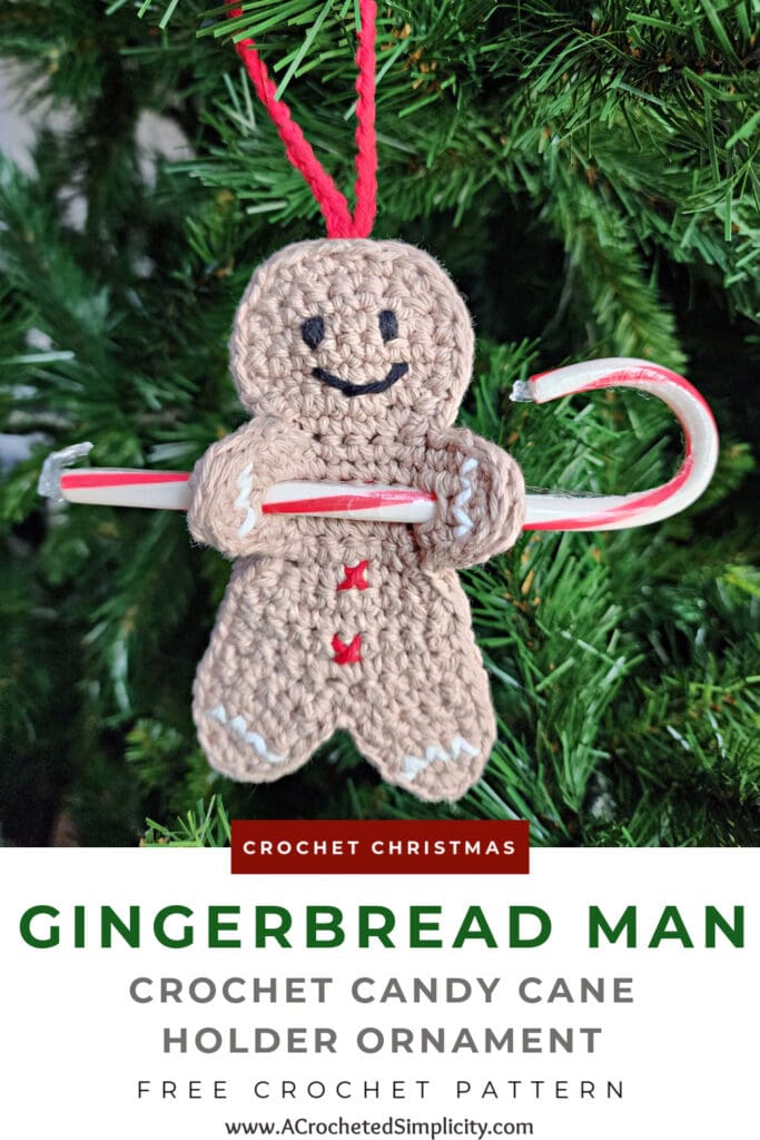 crochet gingerbread man candy cane holder ornament holding a candy cane pinterest image