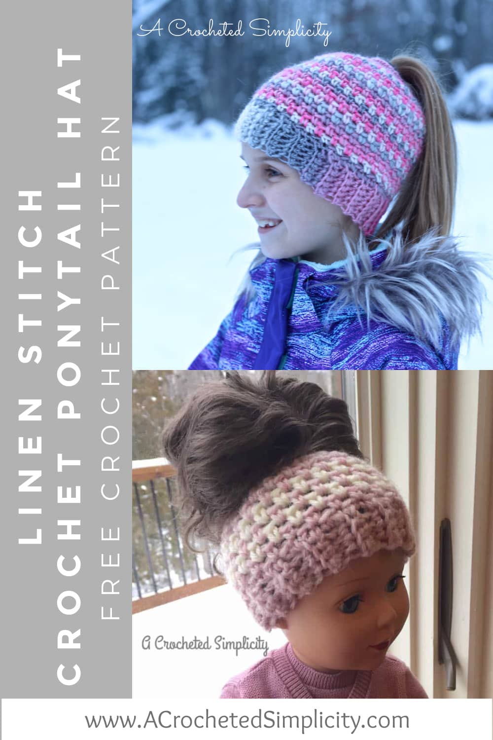 pink, white and grey crochet ponytail hat on young girl and pink and cream crochet messy bun hat on doll pinterest image