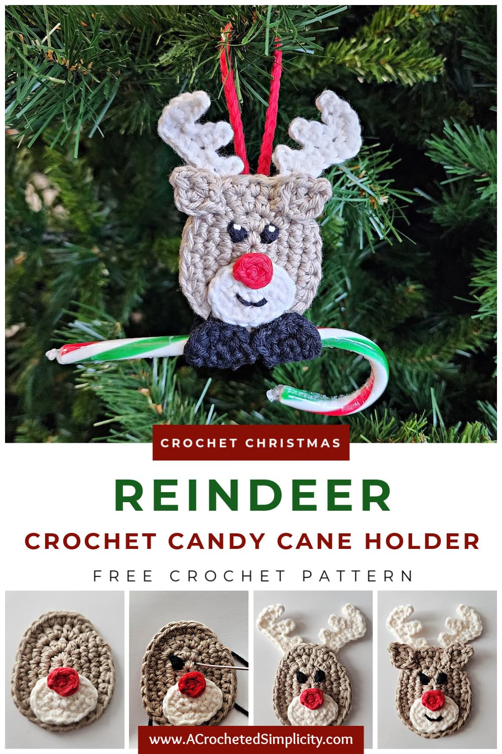 crochet reindeer candy cane holder ornament hanging on christmas tree with candy cane pinterest image 1