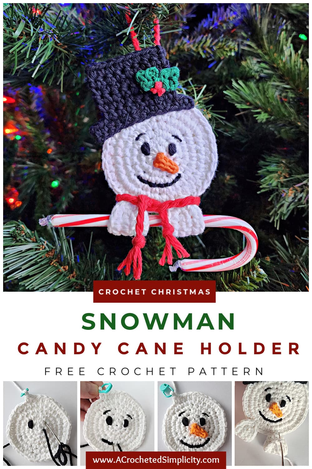 crochet snowman candy cane holder hanging on tree pinterest image 1