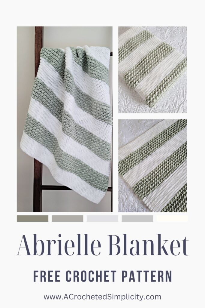 Collage of baby blanket crochet pattern in white and green.