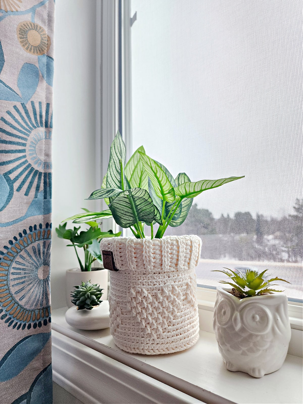 Crochet plant basket sitting in windowsill with owl plant holder and two other small plants.