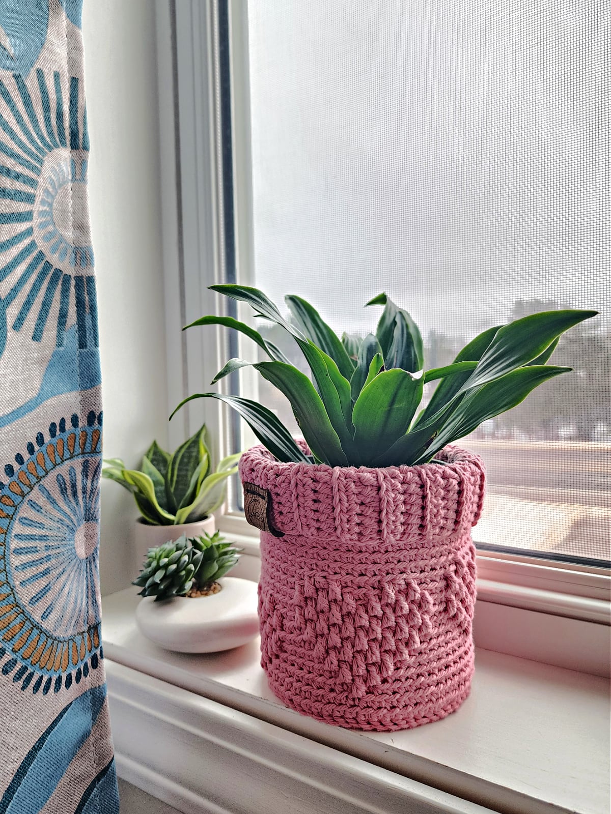 Pink crochet basket with hearts holding a green indoor houseplant sitting on a windowsill with other small plants.