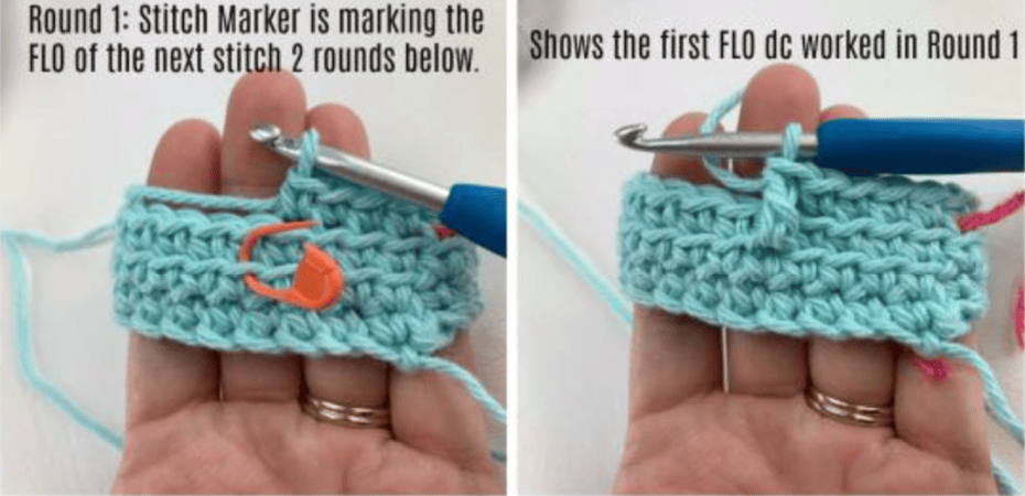 Crochet stitch tutorial showing a FLO dc worked 2 rounds below.