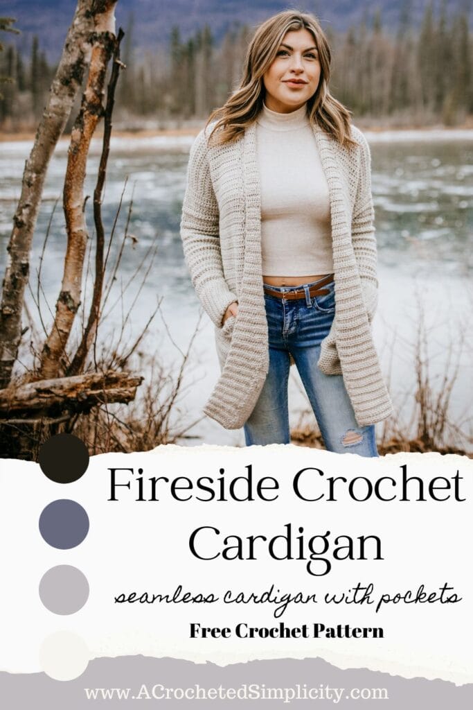 Woman modeling the beige long crochet cardigan with her hands in her pockets for a pinterest graphic.